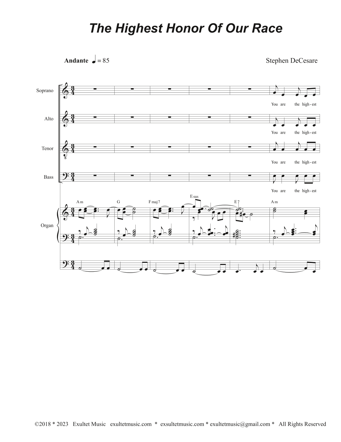 The Highest Honor Of Our Race (Vocal Quartet - (SATB)