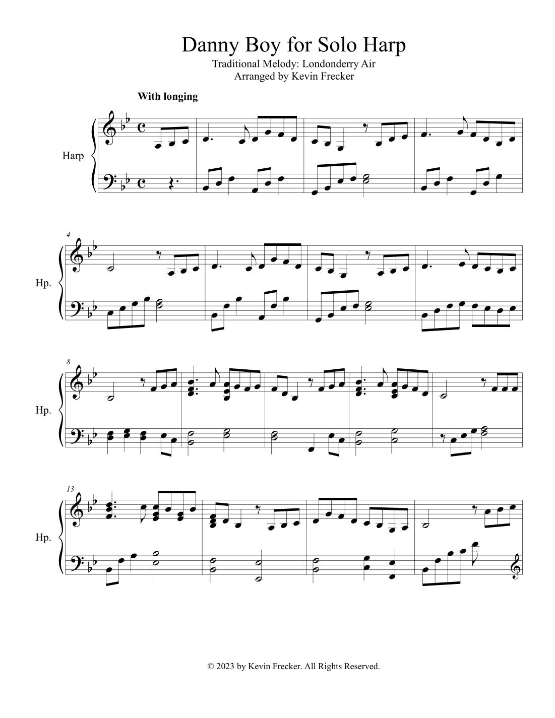 Danny Boy for Solo Harp (arr. Kevin Frecker)