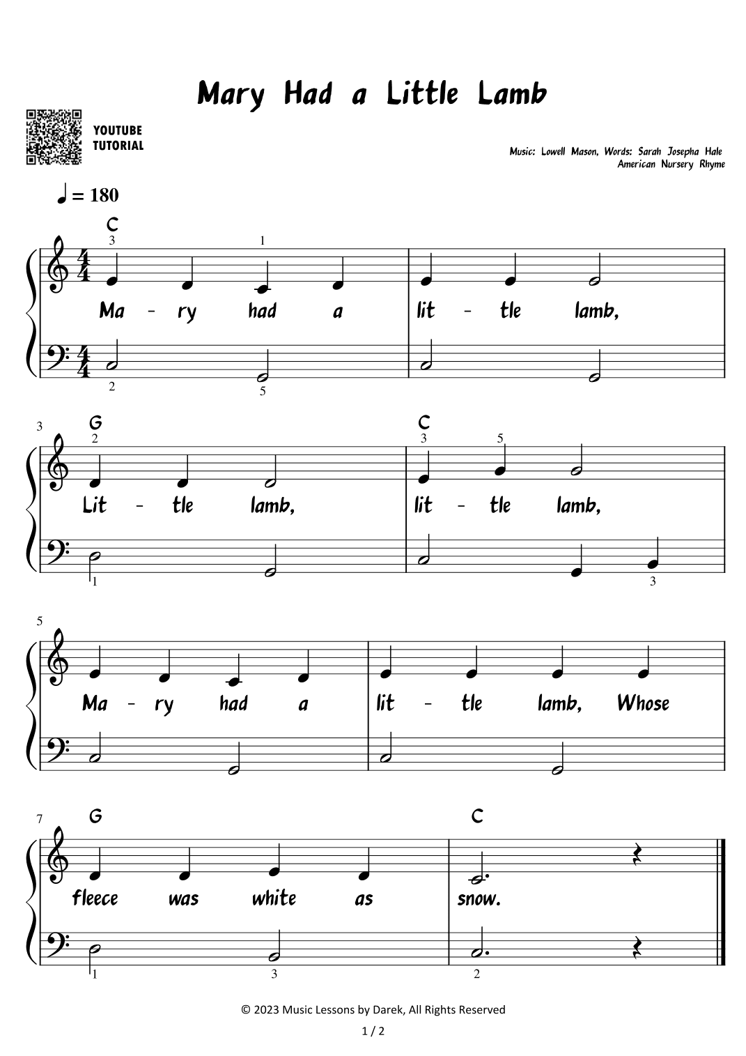 Mary Had a Little Lamb (EASY PIANO) [Sarah Josepha Hale] (arr. Darek)