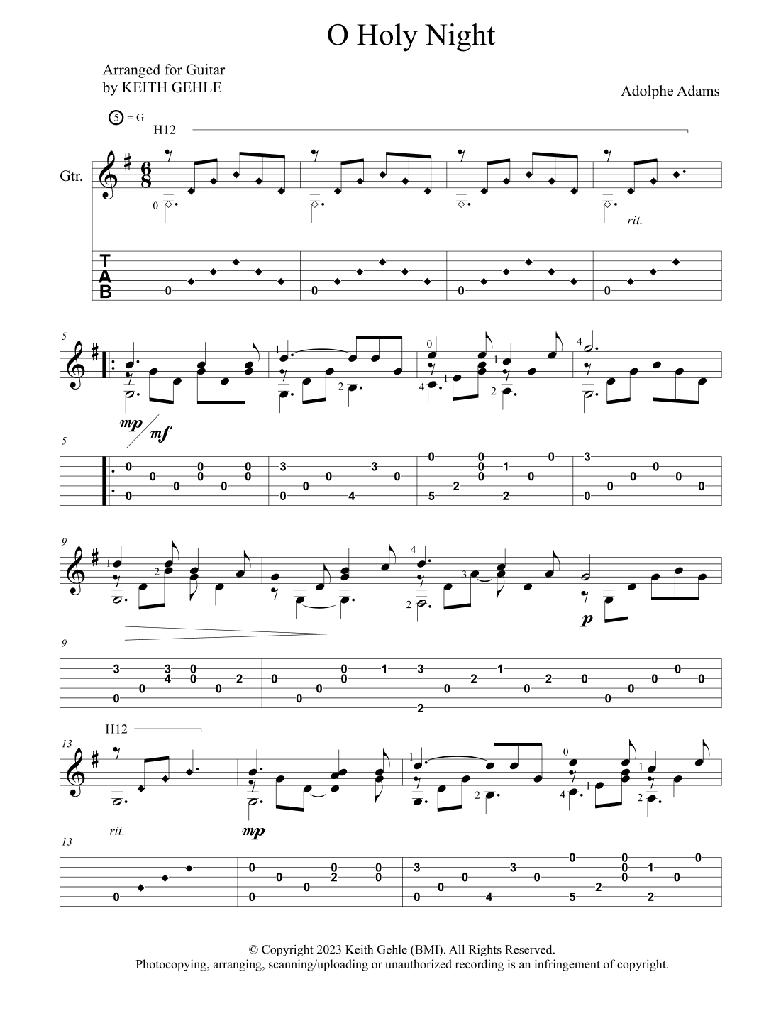 "O Holy Night" for solo classical fingerstyle guitar (+TAB) (arr. Keith W. Gehle)