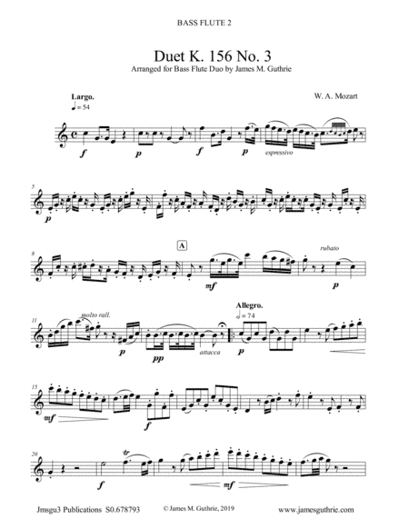 Mozart: Duet K. 156 No. 3 for Bass Flute Duo (arr. James M. Guthrie, ASCAP)