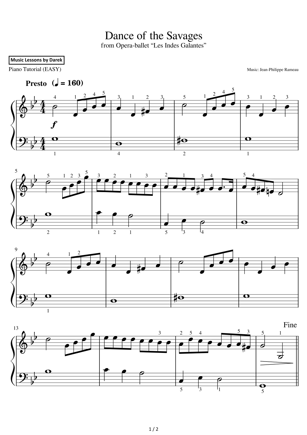 Dance of the Savages (EASY PIANO) from Opera-ballet “Les Indes Galantes” [Jean-Philippe Rameau] (arr. Darek)