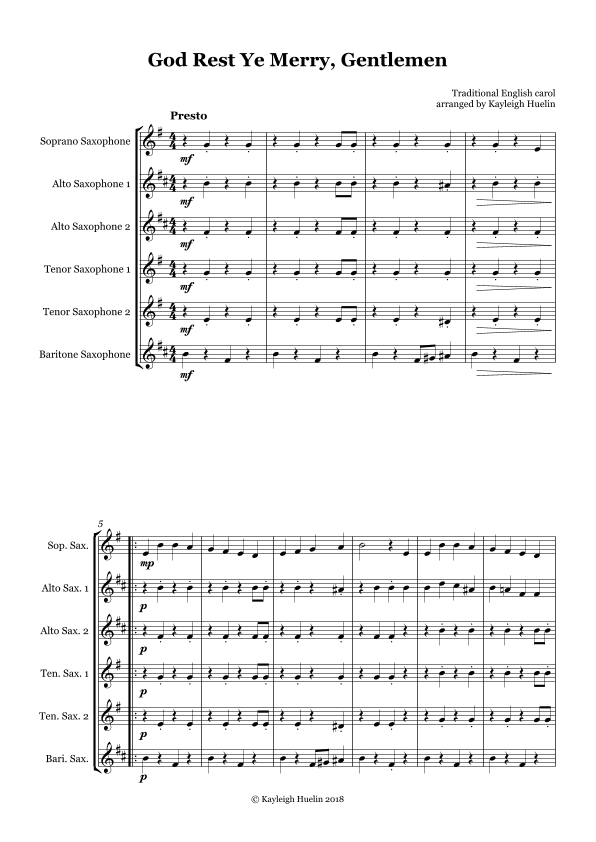 God Rest Ye Merry Gentlemen - Saxophone sextet (SAATTB) (arr. Kayleigh Huelin)