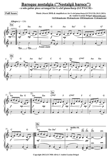 Baroque nostalgia ("Nostalgii baroce") - a solo guitar piece arranged for G-clef piano/harp (from my
