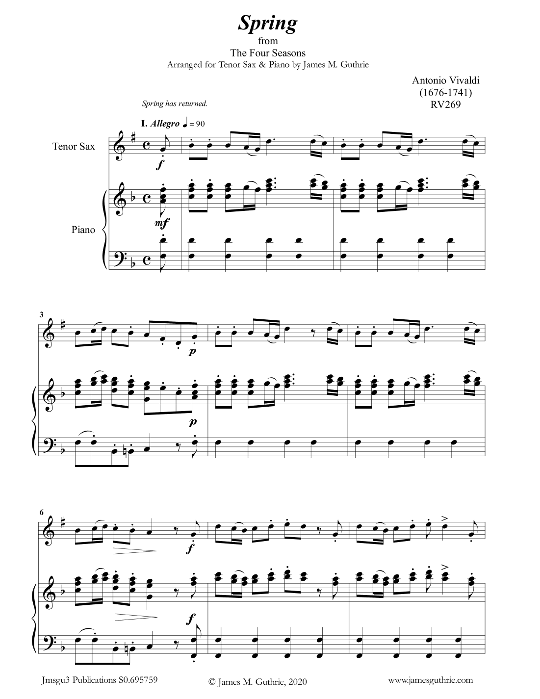 Vivaldi: Spring from the Four Seasons for Tenor Sax & Piano (arr. James M. Guthrie, ASCAP)