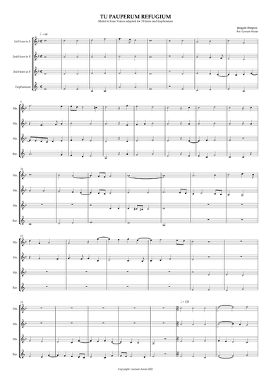 TU PAUPERUM REFUGIUM - Josquin Desprez - Brass Quartet - 3 F Horns and Euphonium - Score and Parts (arr. Gerson Arrais)