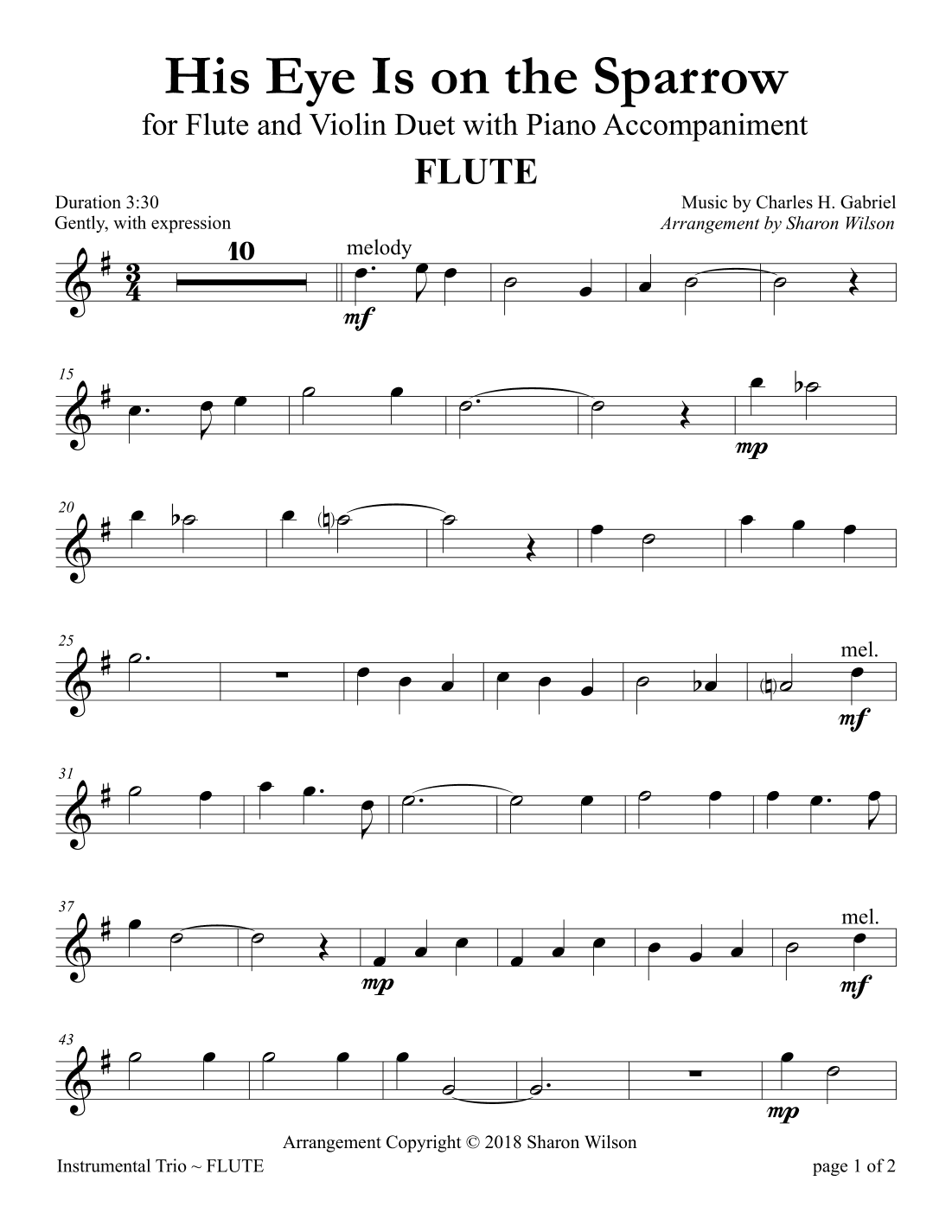 His Eye Is on the Sparrow (for Flute and Violin Duet with Piano accompaniment) (arr. Sharon Wilson)
