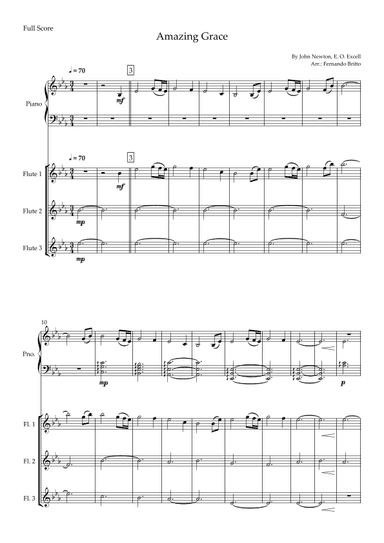 Amazing Grace (John Newton, E. O. Excell) for Flute Trio and Piano Accompaniment with Chords (arr. Fernando Britto)