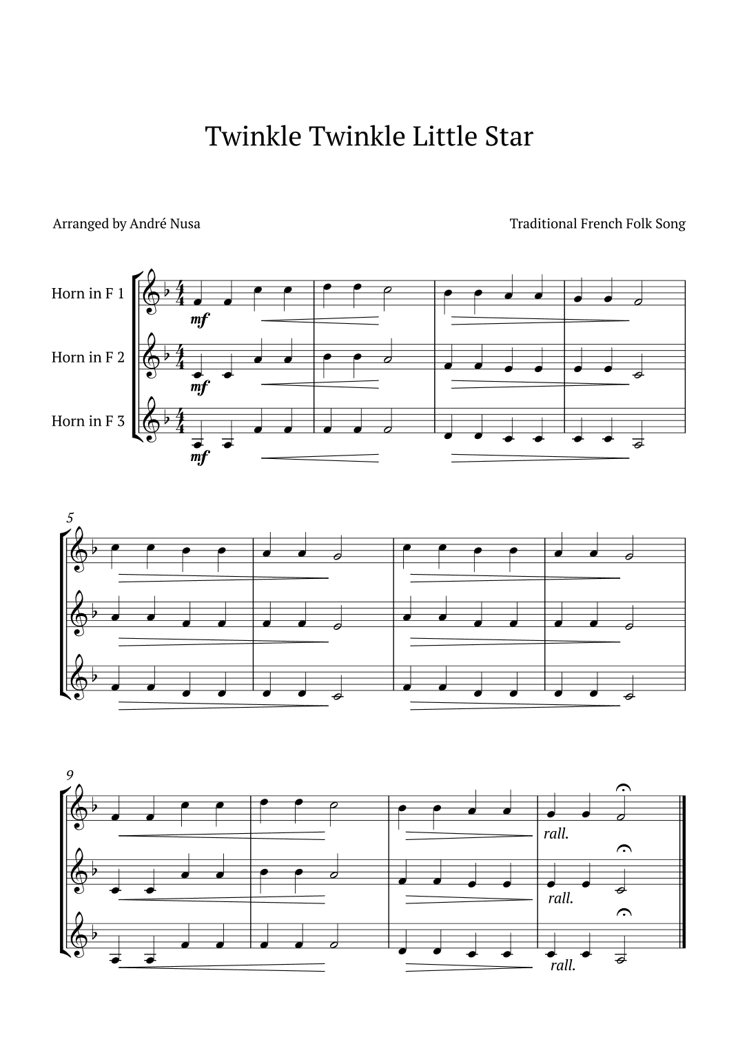 Twinkle Twinkle Little Star for french horn trio (arr. André Nusa)
