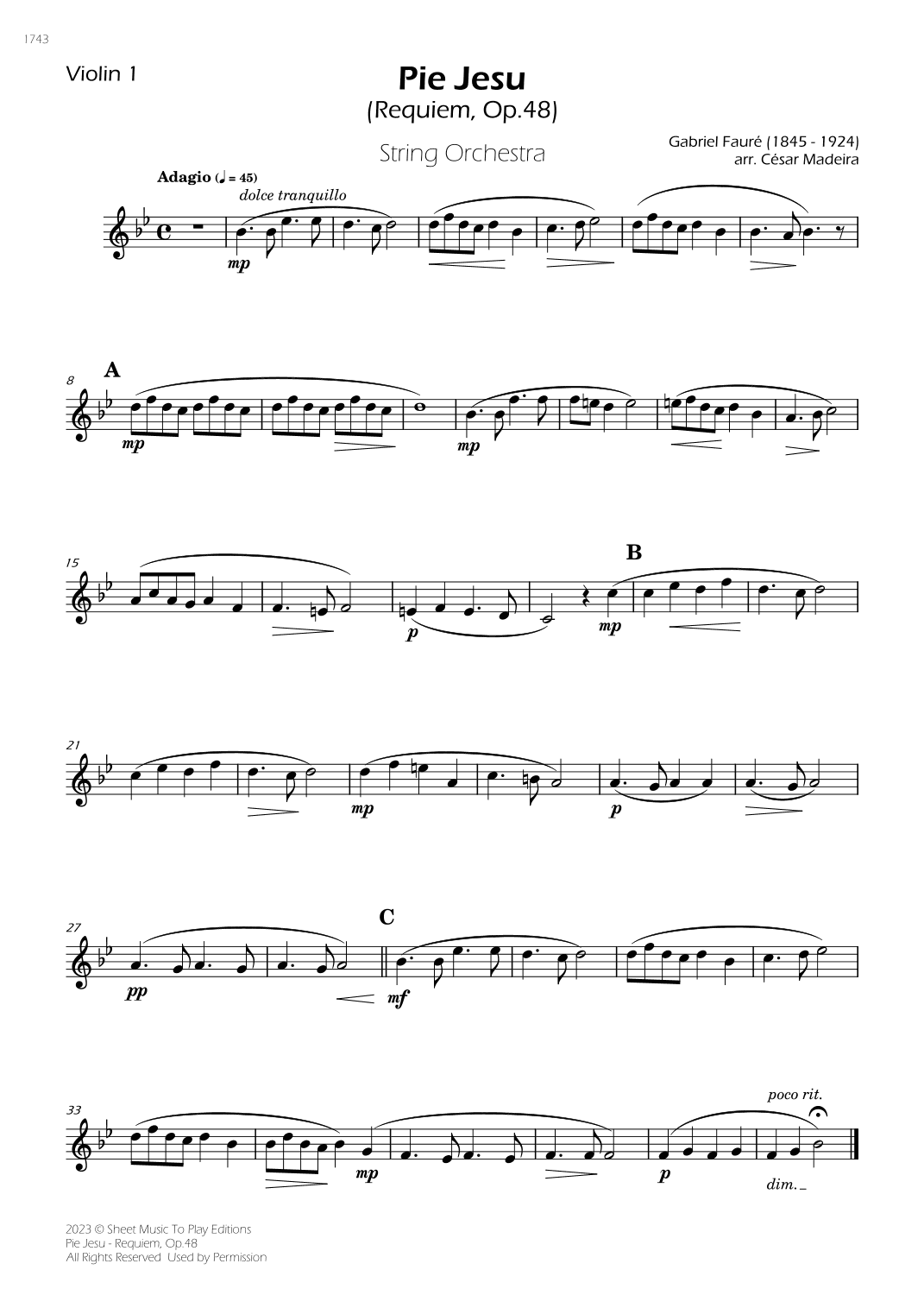 Pie Jesu (Requiem, Op.48) - String Orchestra (Individual Parts) (arr. César Madeira)