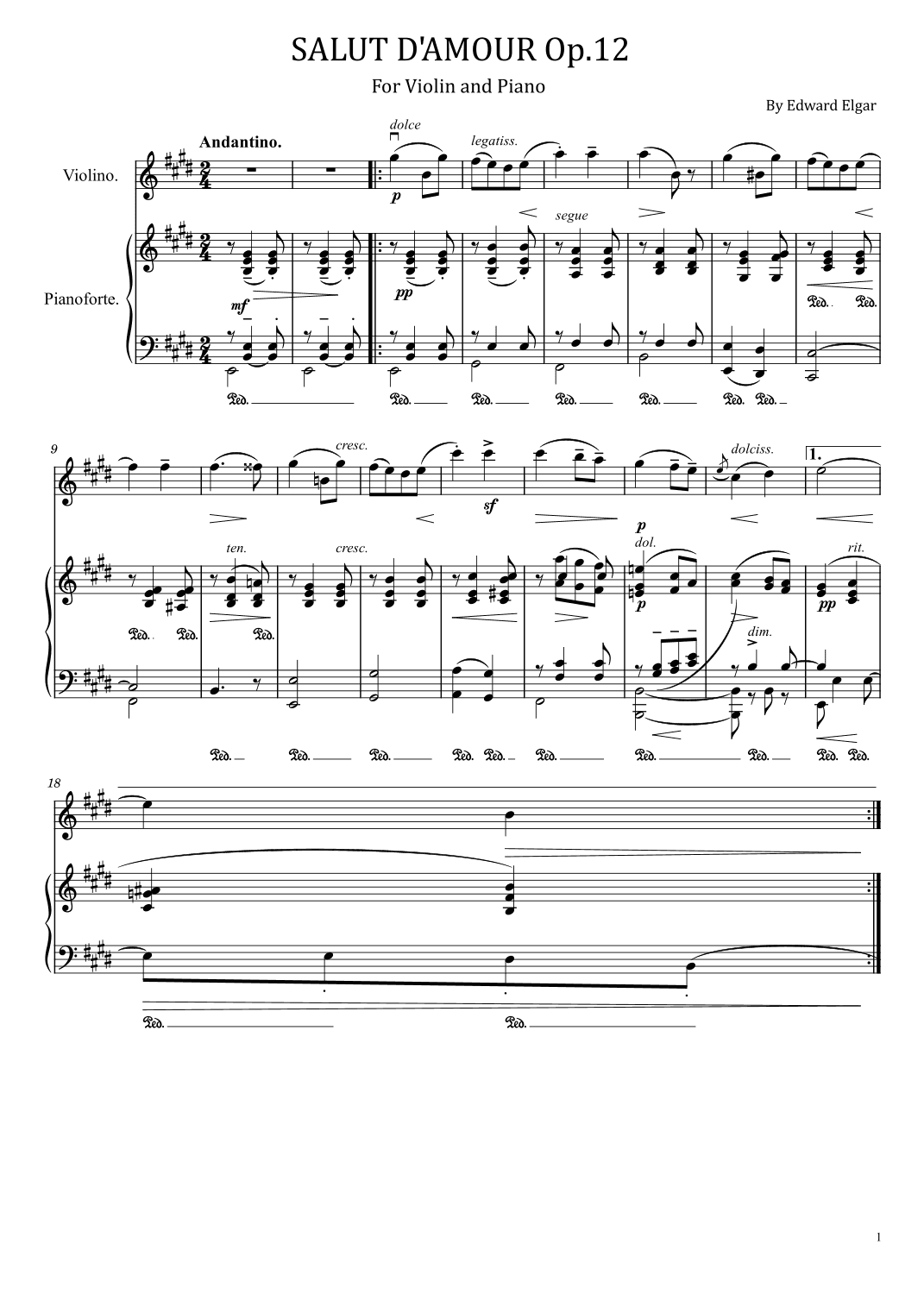 Salut d'Amour (Love's Greeting), Op. 12 - For Violin and Piano (arr. poon)