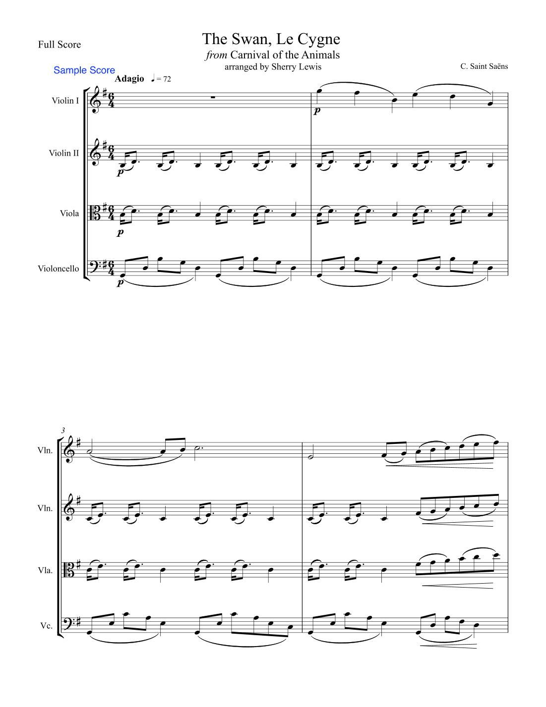 THE SWAN, LE CYGNE - String Trio, Intermediate Level of two violins and cello or violin, viola and c (arr. Sherry Lewis Publishing)