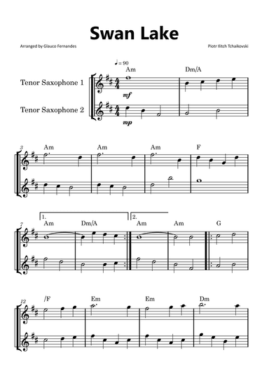 Swan Lake - Tenor Saxophone Duet with Chord Notations (arr. Glauco Fernandes)