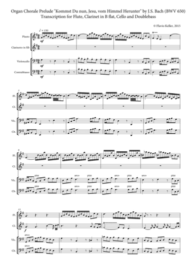 Organ chorale prelude "Kommst Du nun" by J.S. Bach, Transcription for chamber instruments (arr. Flavio Keller)