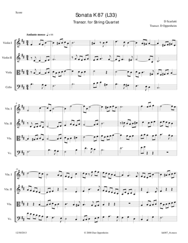 Scarlatti, D: Sonata in B minor K 87 arranged for String Quartet (arr. D Oppenheim)