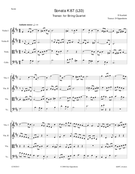 Scarlatti, D: Sonata in B minor K 87 arranged for String Quartet (arr. D Oppenheim)