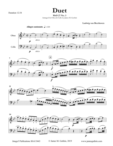 Beethoven: Duet WoO 27 No. 3 for Oboe & Cello (arr. James M. Guthrie, ASCAP)