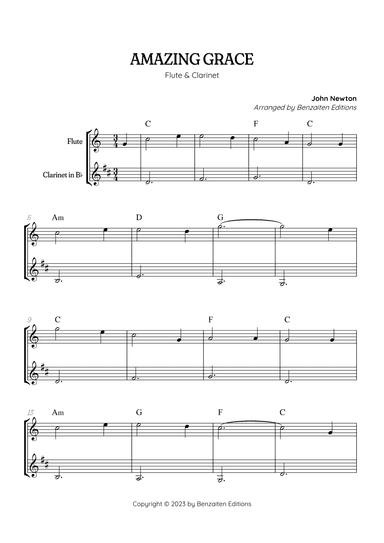 Amazing Grace • super easy flute and clarinet duet sheet music with chords (arr. Benzaiten Editions)