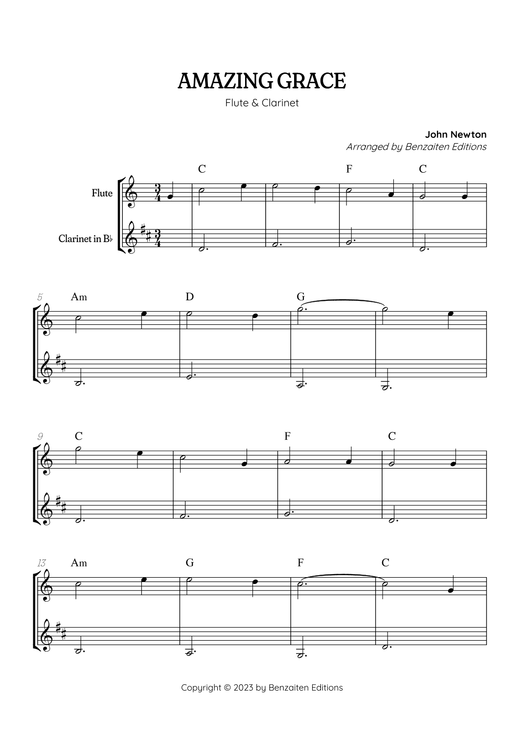 Amazing Grace • super easy flute and clarinet duet sheet music with chords (arr. Benzaiten Editions)