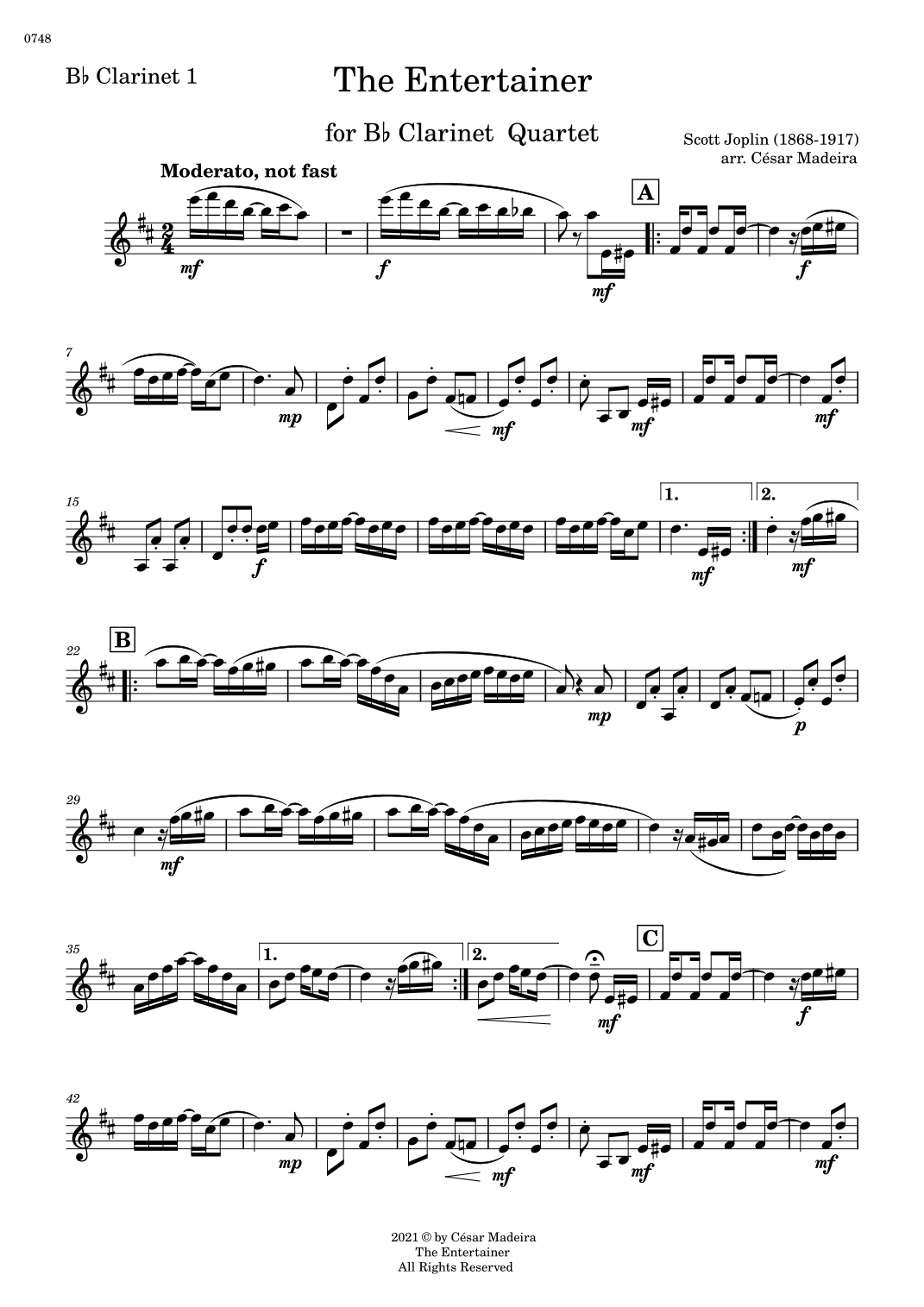 The Entertainer by Joplin - Clarinet Quartet (Individual Parts) (arr. César Madeira)