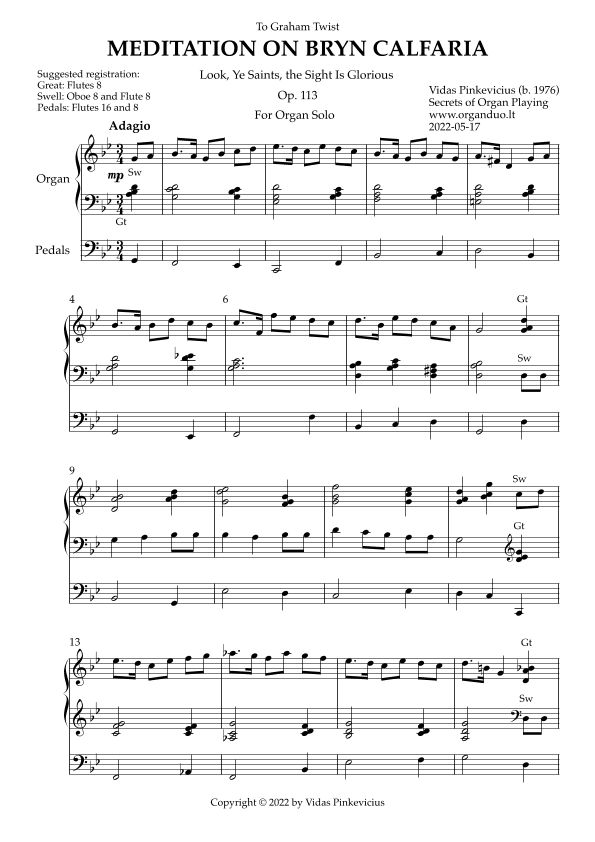 Meditation on Bryn Calfaria, Op. 113 (Organ Solo) by Vidas Pinkevicius
