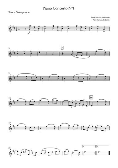 Piano Concerto Nº 1 - 1st Mov. Theme (P. Tchaikovsky) for Tenor Saxophone Solo (C Major) (arr. Fernando Britto)