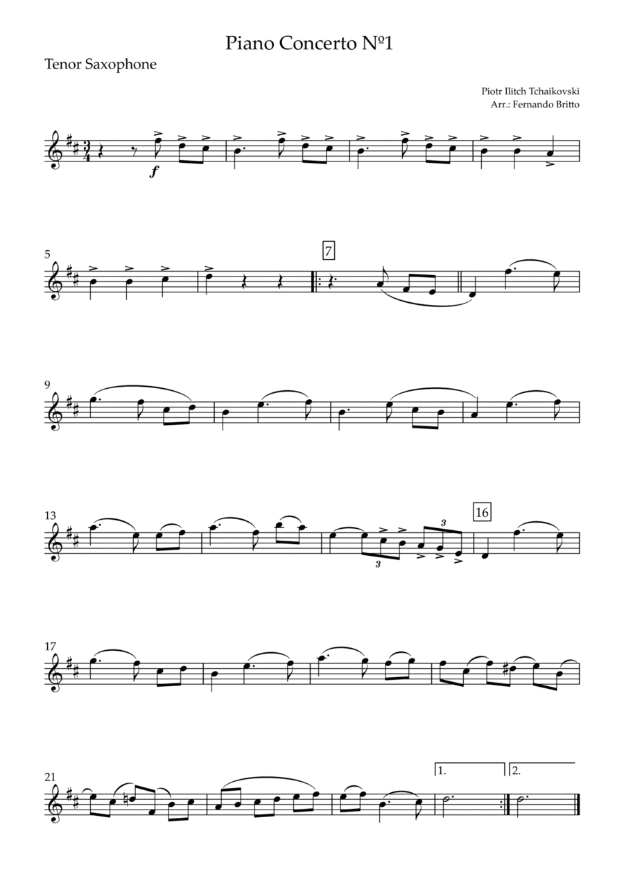 Piano Concerto Nº 1 - 1st Mov. Theme (P. Tchaikovsky) for Tenor Saxophone Solo (C Major) (arr. Fernando Britto)