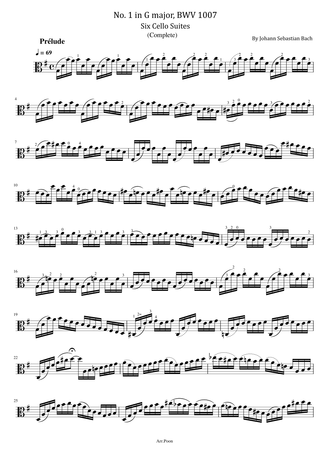 Bach - 6 Cello Suites - No.1 in D minor, BWV 1007 - Complete Original With Fingered (arr. poon)