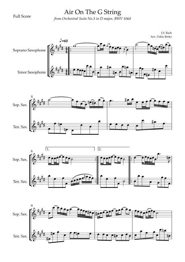 Air On The G String (J.S. Bach) for Soprano Saxophone & Tenor Saxophone Duo (arr. Fabio Britto)