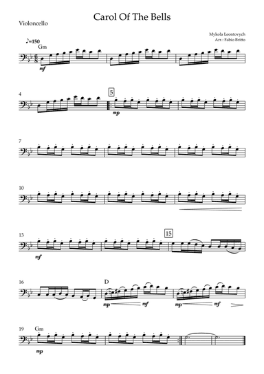 Carol Of The Bells (Mykola Leontovych) for Cello Solo with Chords (arr. Fabio Britto)
