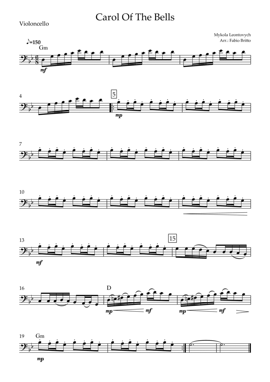 Carol Of The Bells (Mykola Leontovych) for Cello Solo with Chords (arr. Fabio Britto)