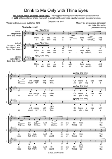 Drink to Me Only with Thine Eyes - SSA/TBB/SAT a cappella (arr. Jake Alexander)