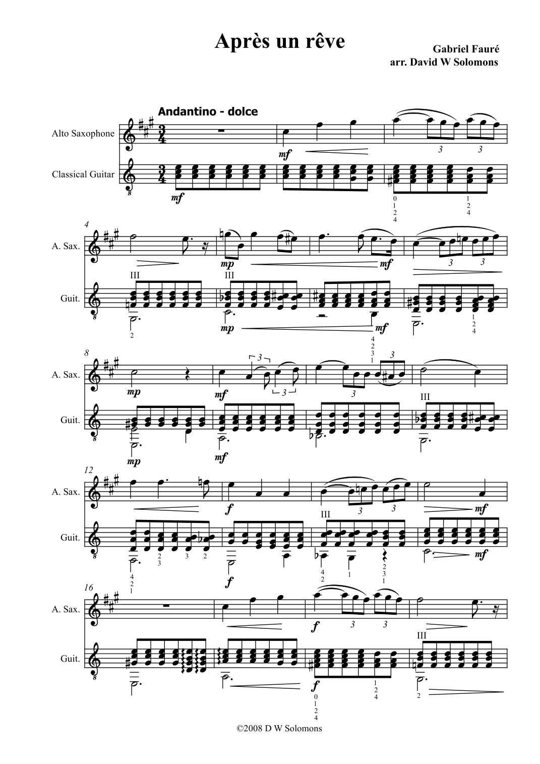 Après un rêve (After a dream) for alto saxophone and guitar (arr. David Warin Solomons)