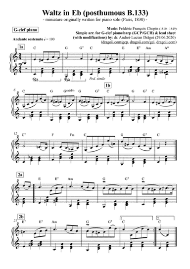 Chopin (Frederic) - Waltz in Eb (posthumous B.133) - simplified arrangement for G-clef piano/harp (G (arr. Andrei-Lucian Dragoi)