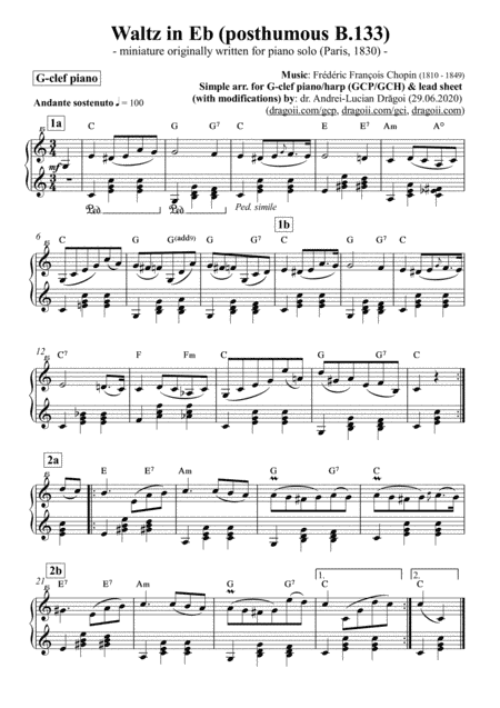 Chopin (Frederic) - Waltz in Eb (posthumous B.133) - simplified arrangement for G-clef piano/harp (G (arr. Andrei-Lucian Dragoi)