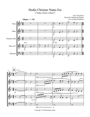 Hodie Christus Natus Est (Woodwind Quintet - 1 Flute, 1 Oboe, 1 Clar, 1 Hrn, 1 Bassoon) (arr. Regis Bookshar)
