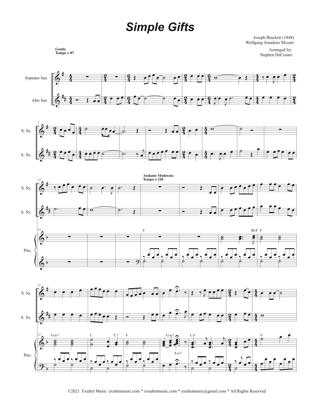 Simple Gifts (Duet for Soprano and Alto Saxophone) (arr. Stephen DeCesare)