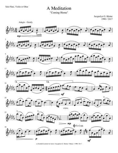 "A Meditation" (Coming Home) Solo Flute, Violin or Oboe