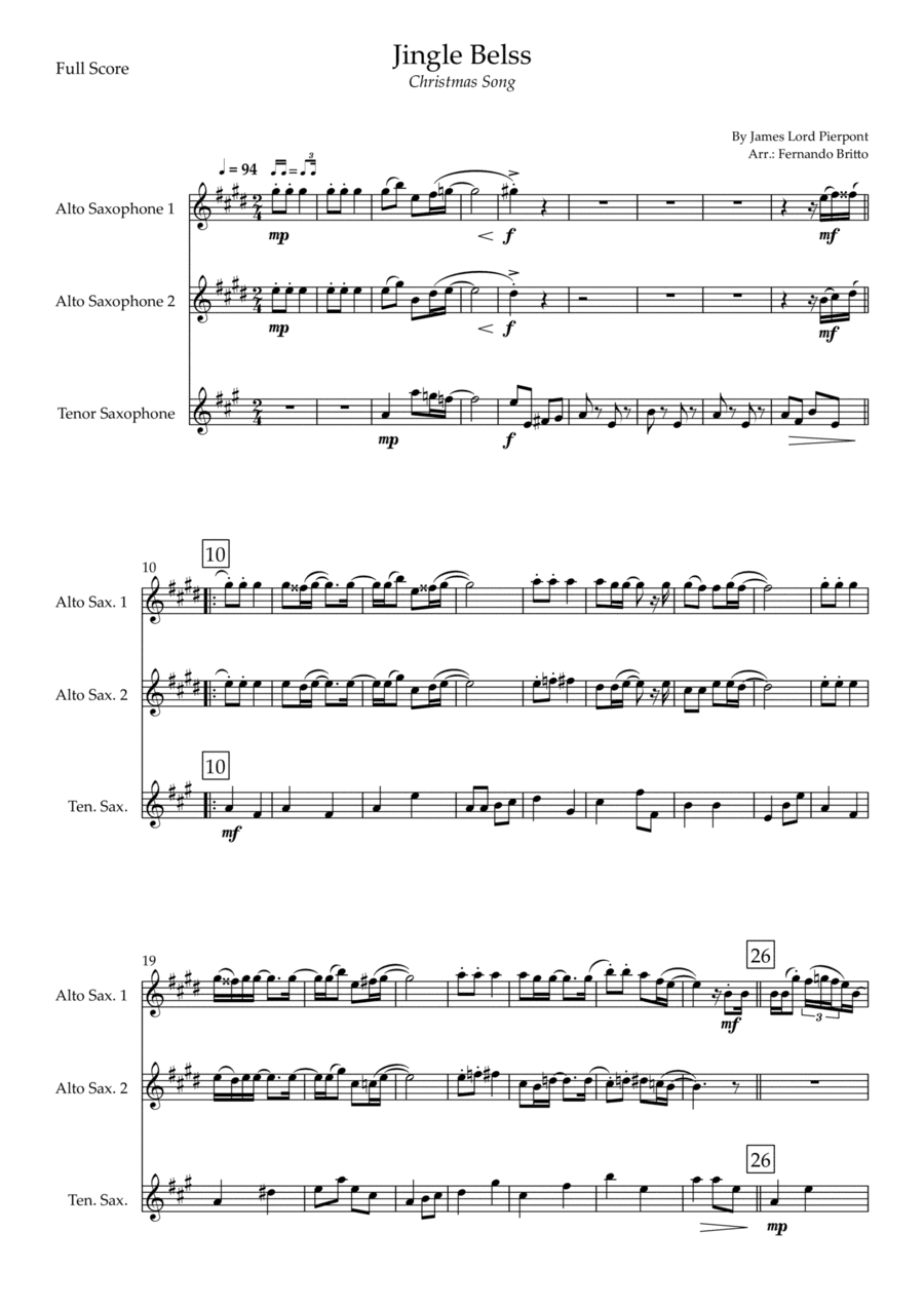 Jingle Bells - Jazz Version (Christmas Song) for Saxophone Trio (arr. Fernando Britto)