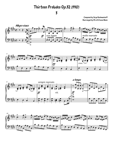 Serge Rachmaninoff 13 Prelude Op. 32 No. 3 (easy/intermediate piano) (arr. Stephanie So)