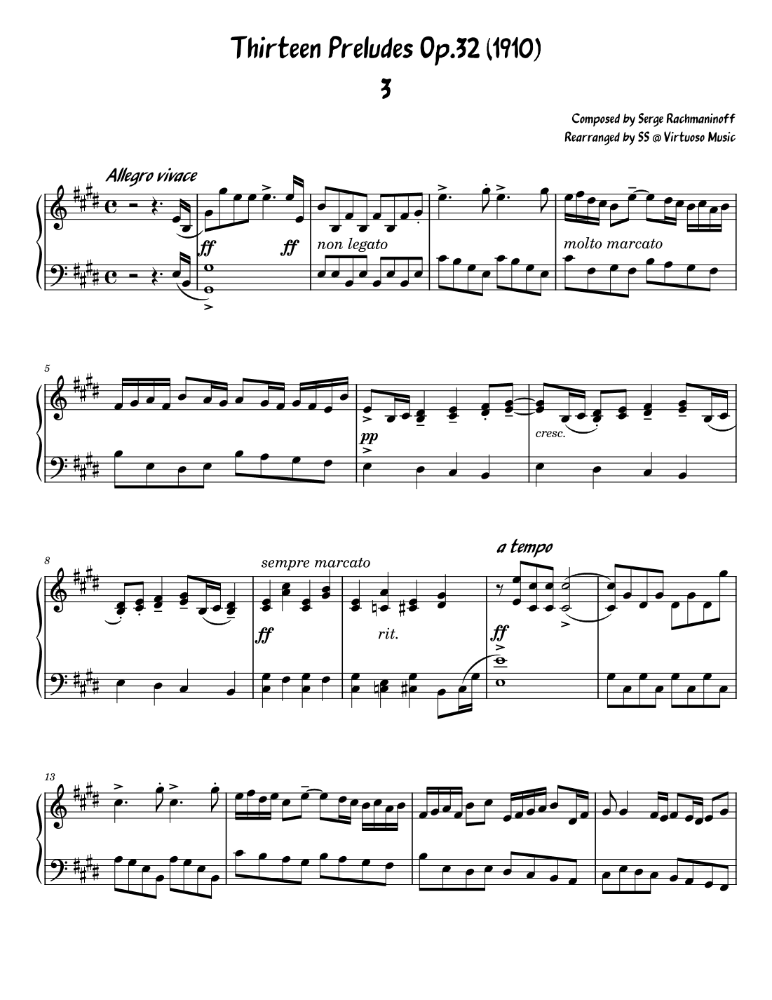 Serge Rachmaninoff 13 Prelude Op. 32 No. 3 (easy/intermediate piano) (arr. Stephanie So)