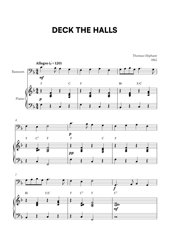 Deck the Halls (for Bassoon and Piano) (arr. Cadenza Editions)