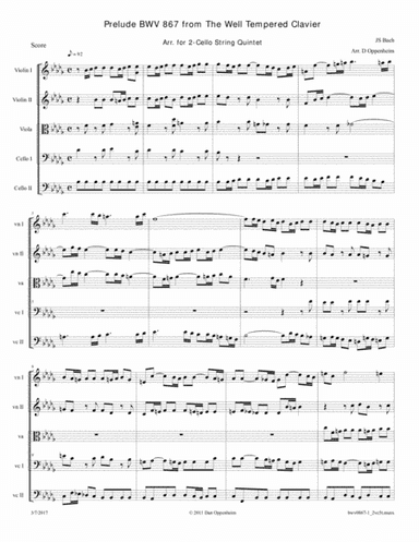 Bach: Prelude BWV 867 from The Well Tempered Clavier arr. for 2-Cellos String Quintet (arr. D Oppenheim)