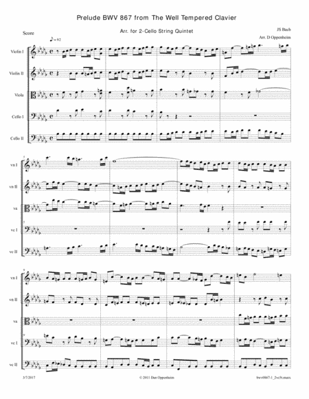 Bach: Prelude BWV 867 from The Well Tempered Clavier arr. for 2-Cellos String Quintet (arr. D Oppenheim)