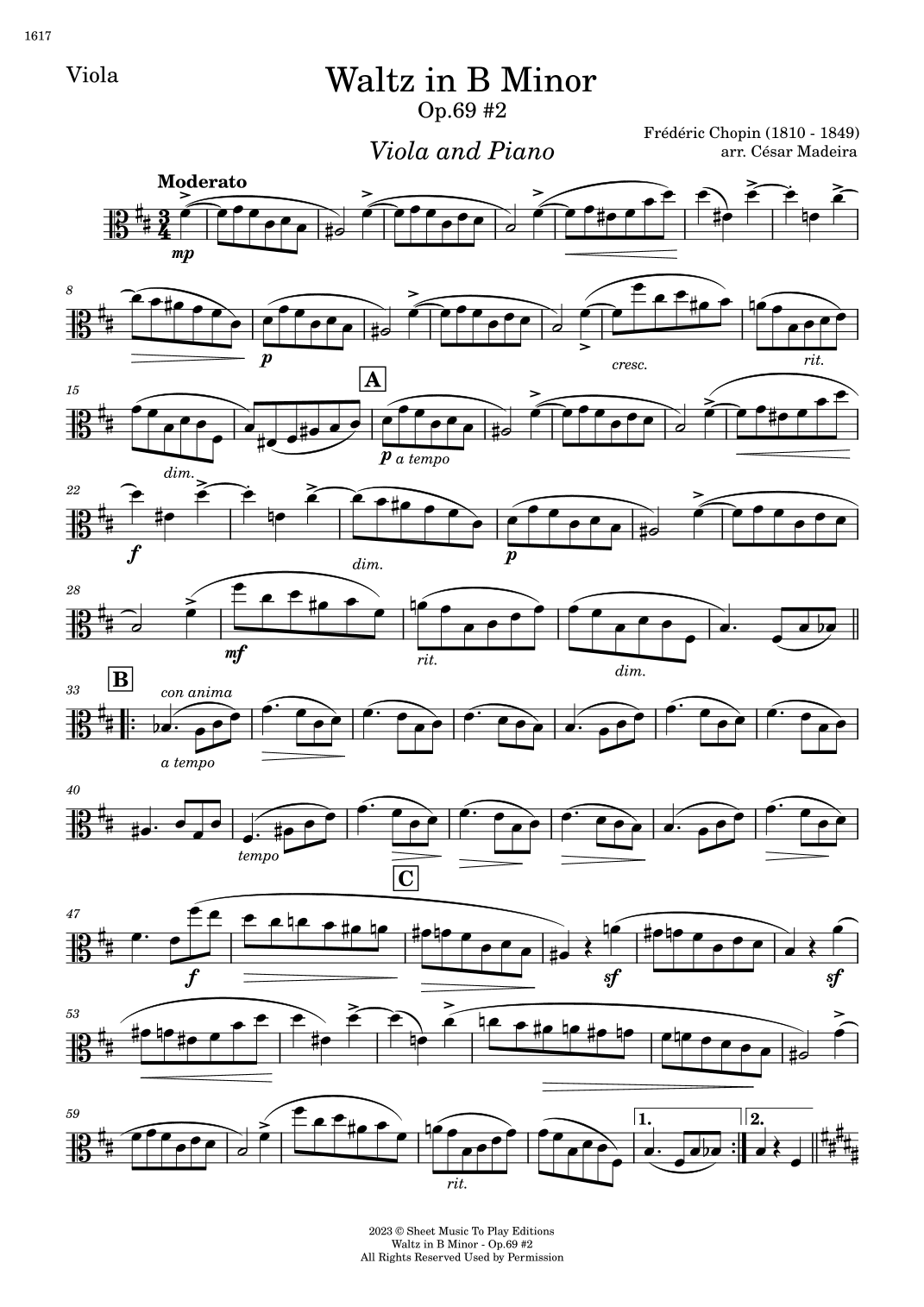 Waltz Op.69 No.2 in B Minor by Chopin - Viola and Piano (Individual Parts) (arr. César Madeira)