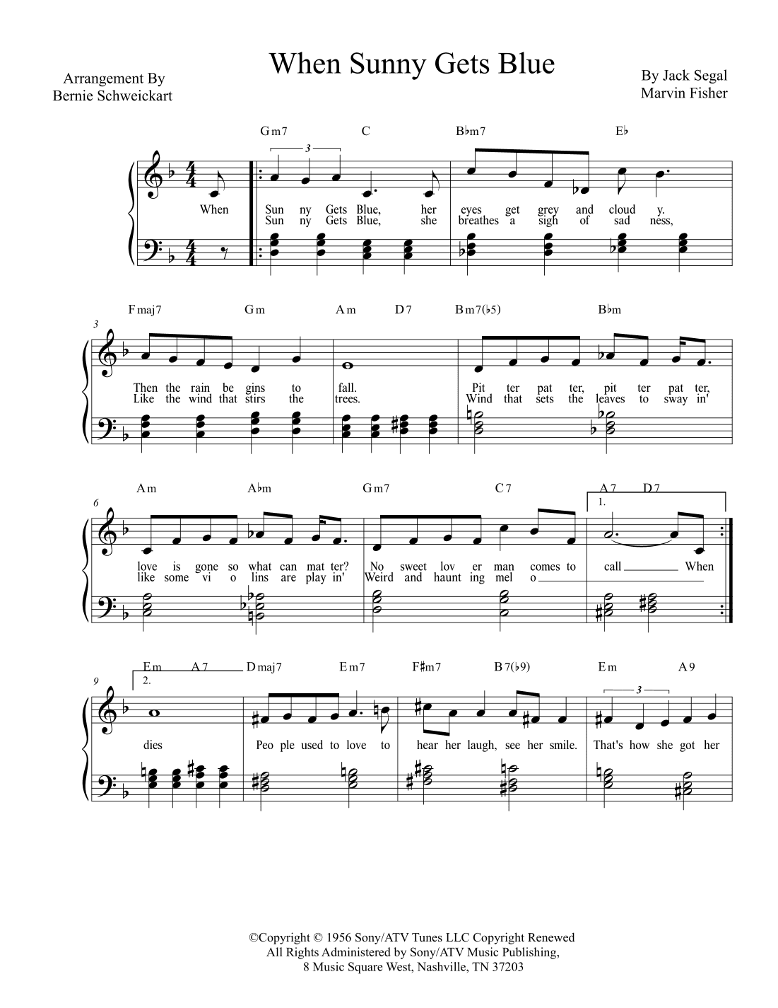 When Sunny Gets Blue (arr. Bernie Schweickart)