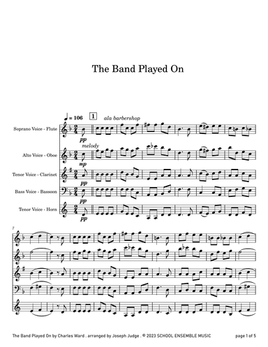 The Band Played On by Ward for Woodwind Quartet in Schools (arr. Joseph Judge)