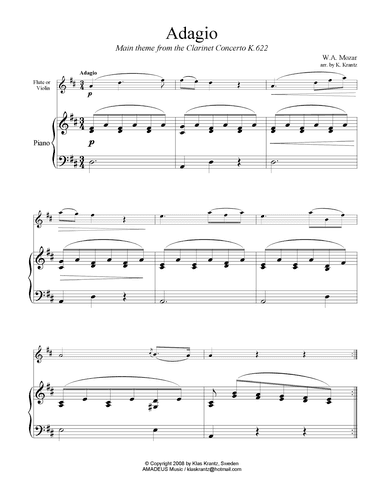 Adagio from the clarinet concerto (theme) for flute or violin and easy piano (arr. Klas Krantz)