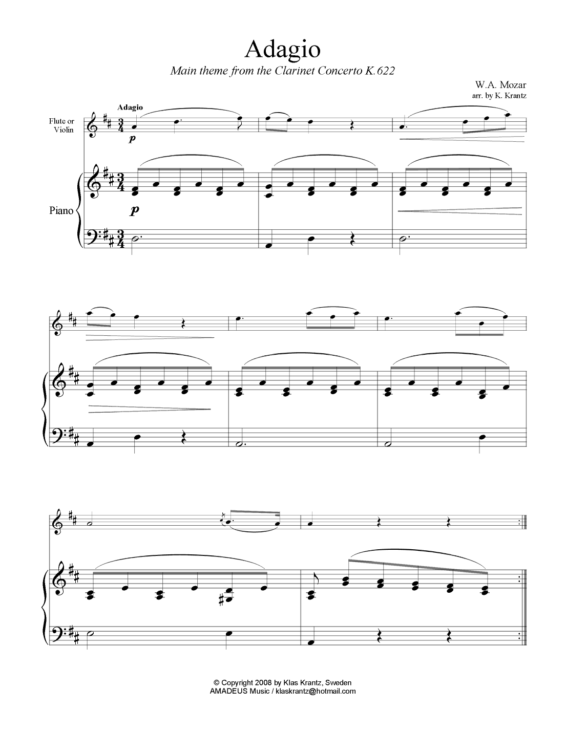 Adagio from the clarinet concerto (theme) for flute or violin and easy piano (arr. Klas Krantz)