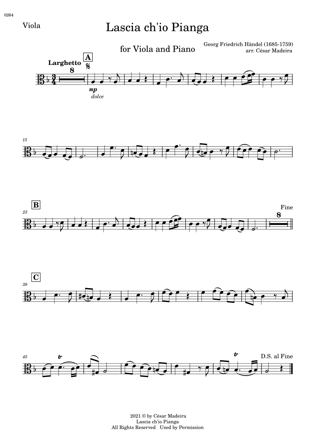 Lascia Ch'io Pianga - Viola and Piano (Individual Parts) (arr. César Madeira)